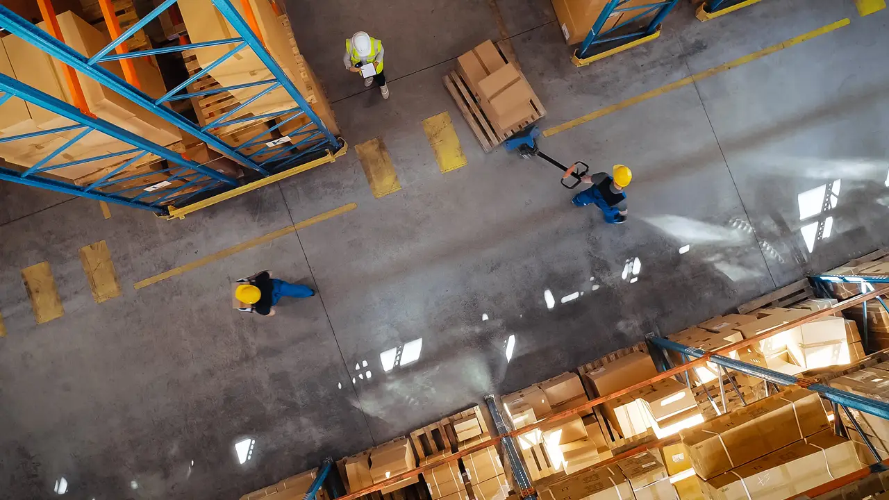 Top down view: In warehouse people, forklift operator lifts pallet with cardboard box.